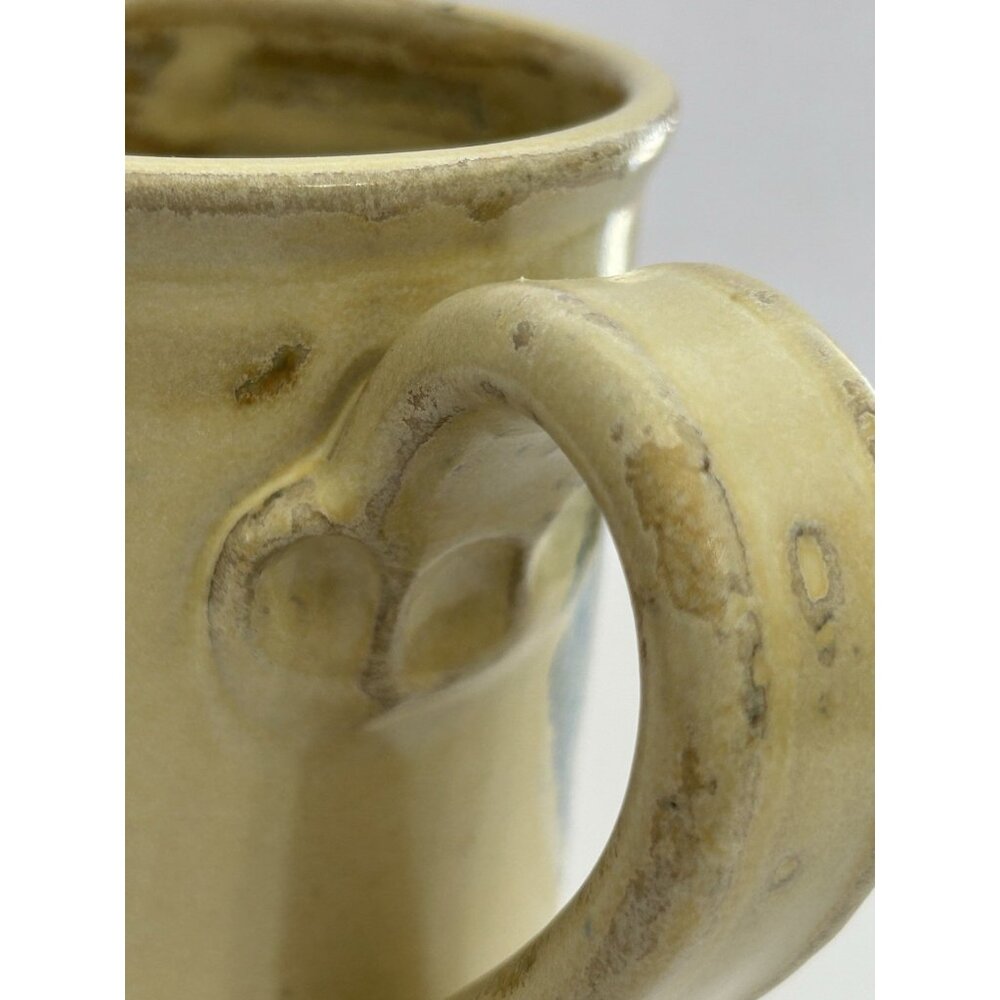 Studio Pottery Mug Tall 5 1/2 inches Drip Glaze Beige Brown Blue Signed Glosssy - Picture 11 of 16